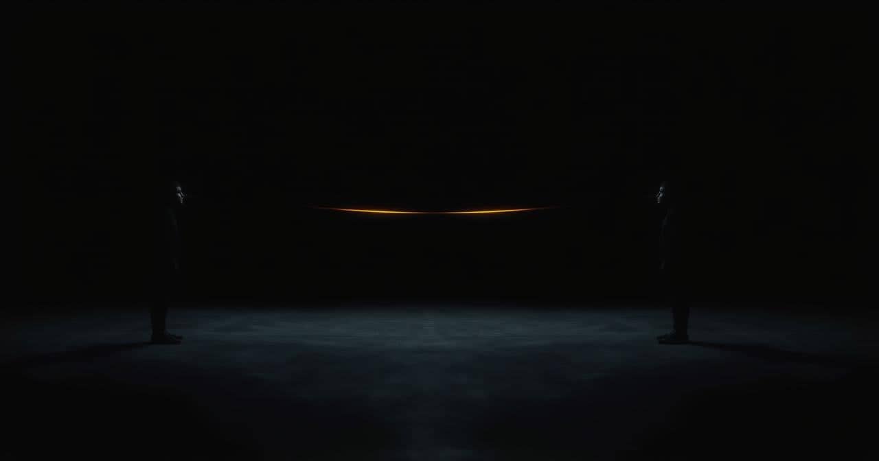 Two dark silhouettes connected by luminous gold energy threads across empty space — invisible ties between people