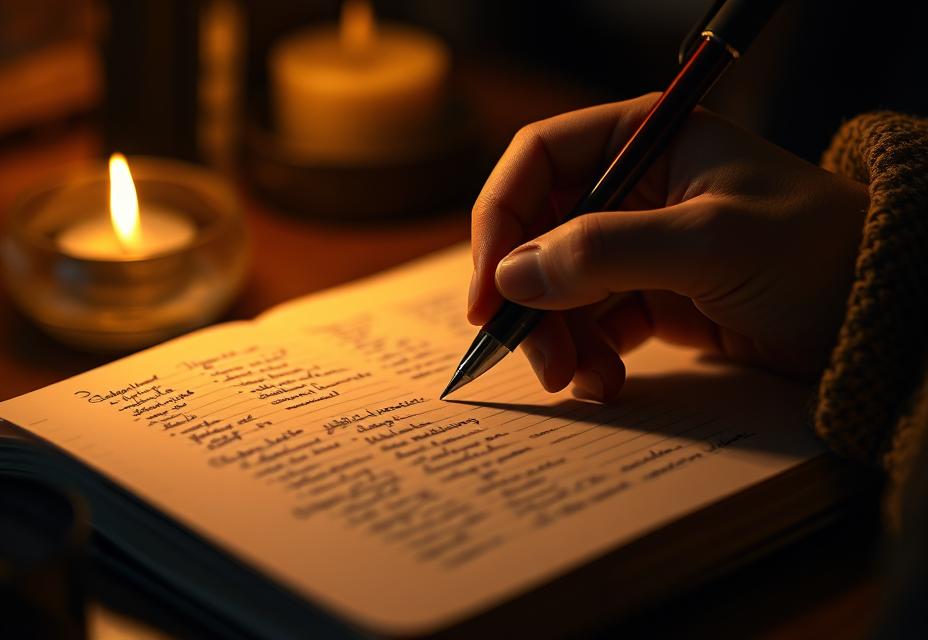 A hand writing in a notebook by warm lamp light, performing the discharge review step of the evening consciousness protocol