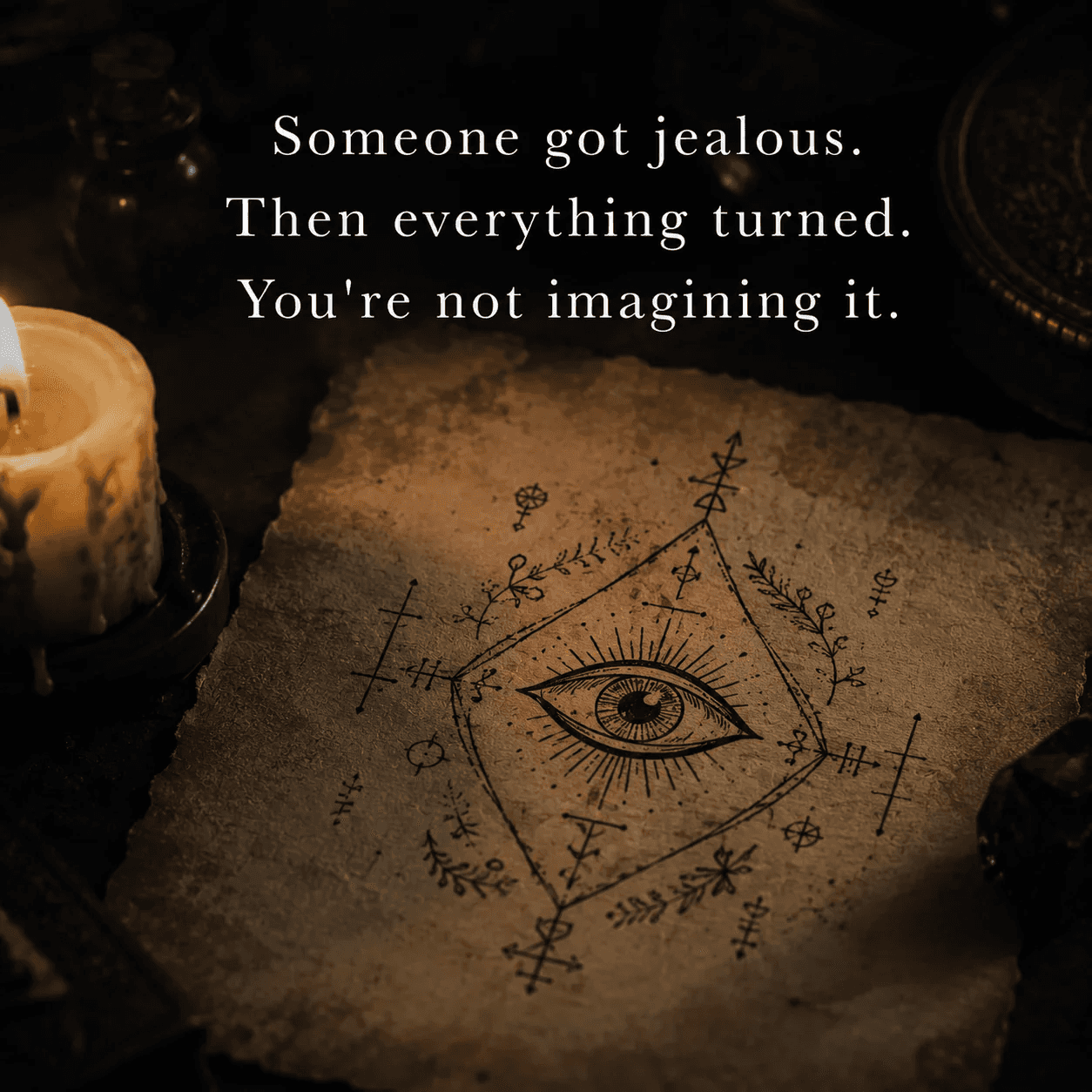 Ancient parchment with all-seeing eye sigil, candlelight, occult symbols — spiritual awakening and esoteric magick