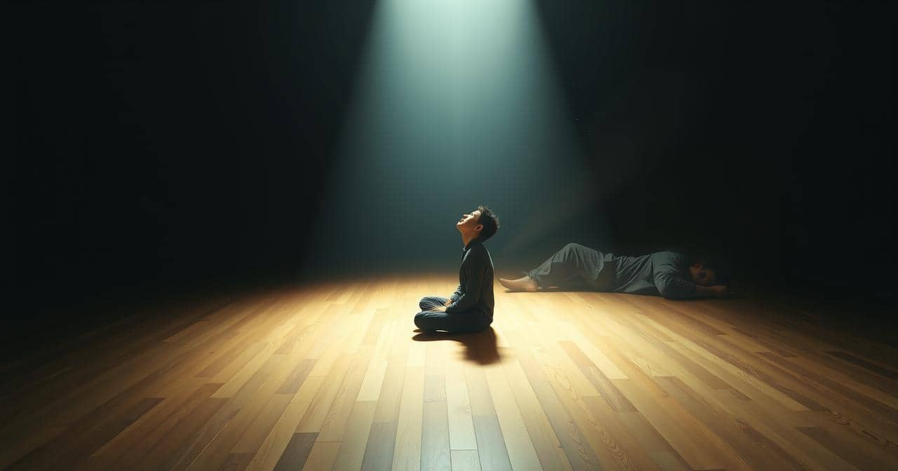 Meditation vs Relaxation — A single figure seated upright in a beam of soft light, with a faint ghost-overlay of the same figure lying down — attention training vs nervous-system relaxation.