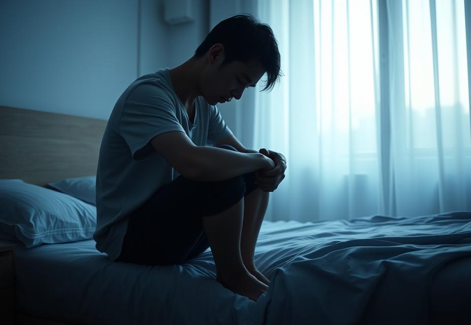 A person on the edge of a bed in dim morning light, exhausted after a night of sleep that did not restore
