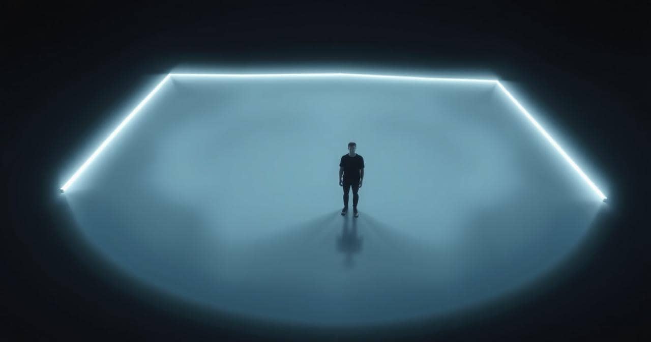 Lone figure standing inside a glowing geometric circle of white light pushing back surrounding darkness — banishing ritual
