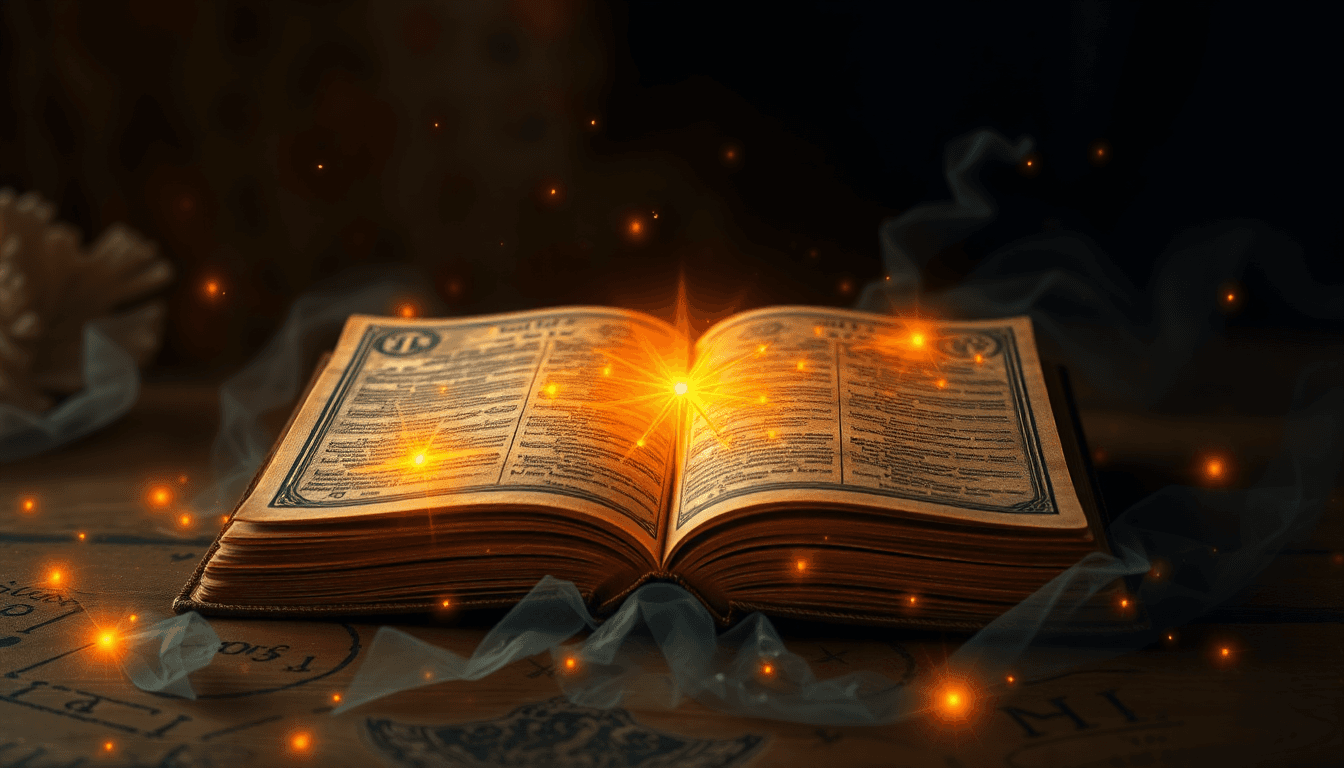 An ancient book glowing with mystical symbols