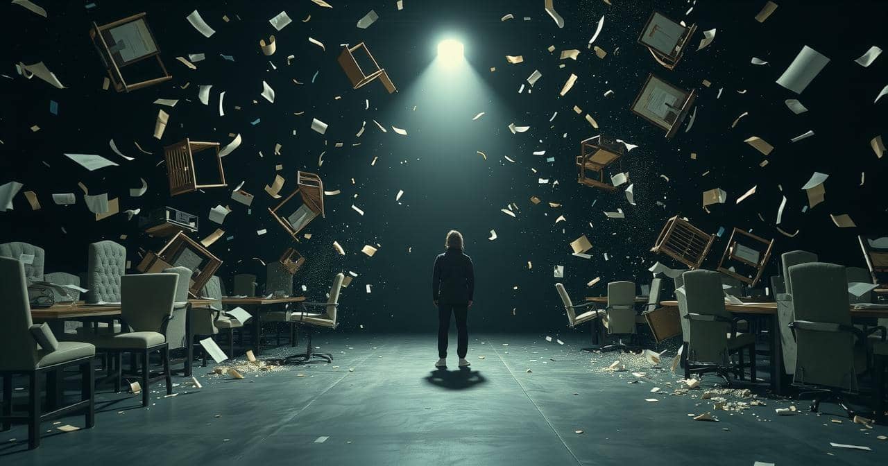 Why everything keeps going wrong spiritually — a still figure at center as structures collapse inward from all directions