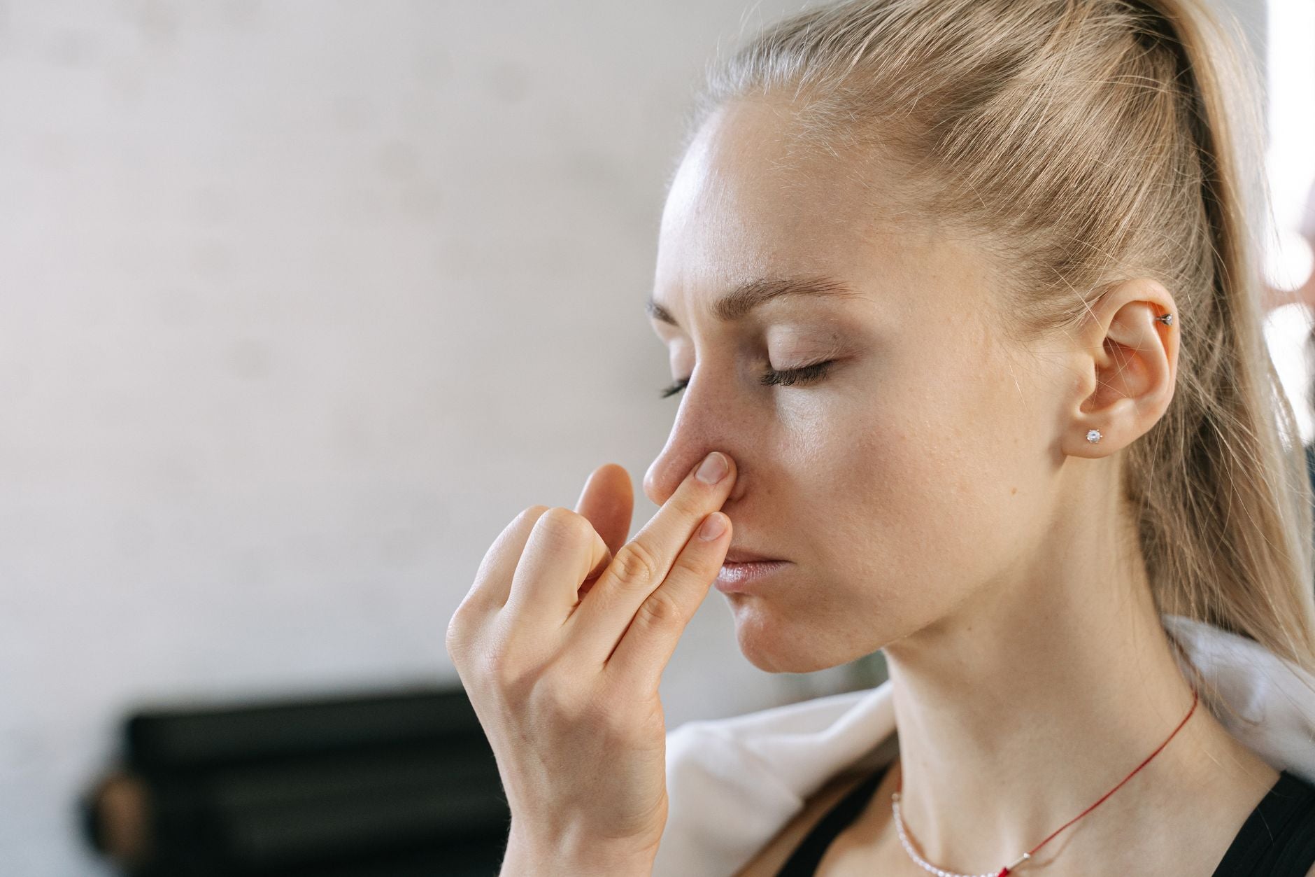 Close-up of slow nasal breathing, the operative technique for shifting inner state