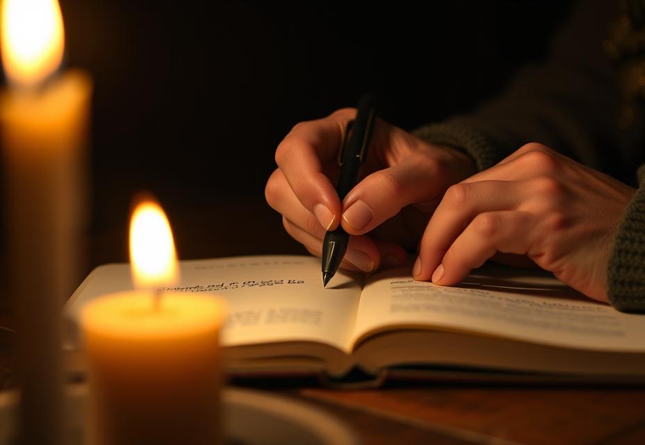 A hand writes an intention statement by candlelight, the first structural requirement of state preparation before ritual work