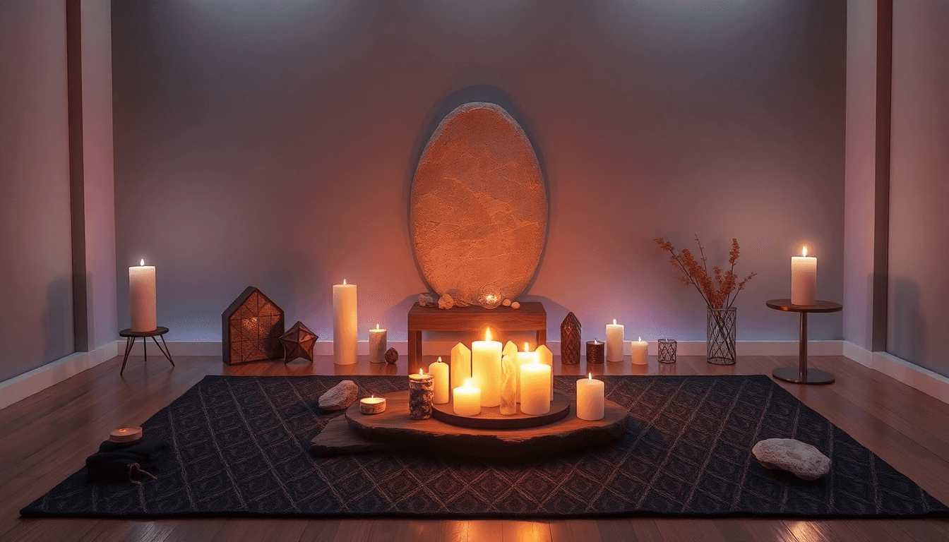 A serene space with crystals and meditation setup