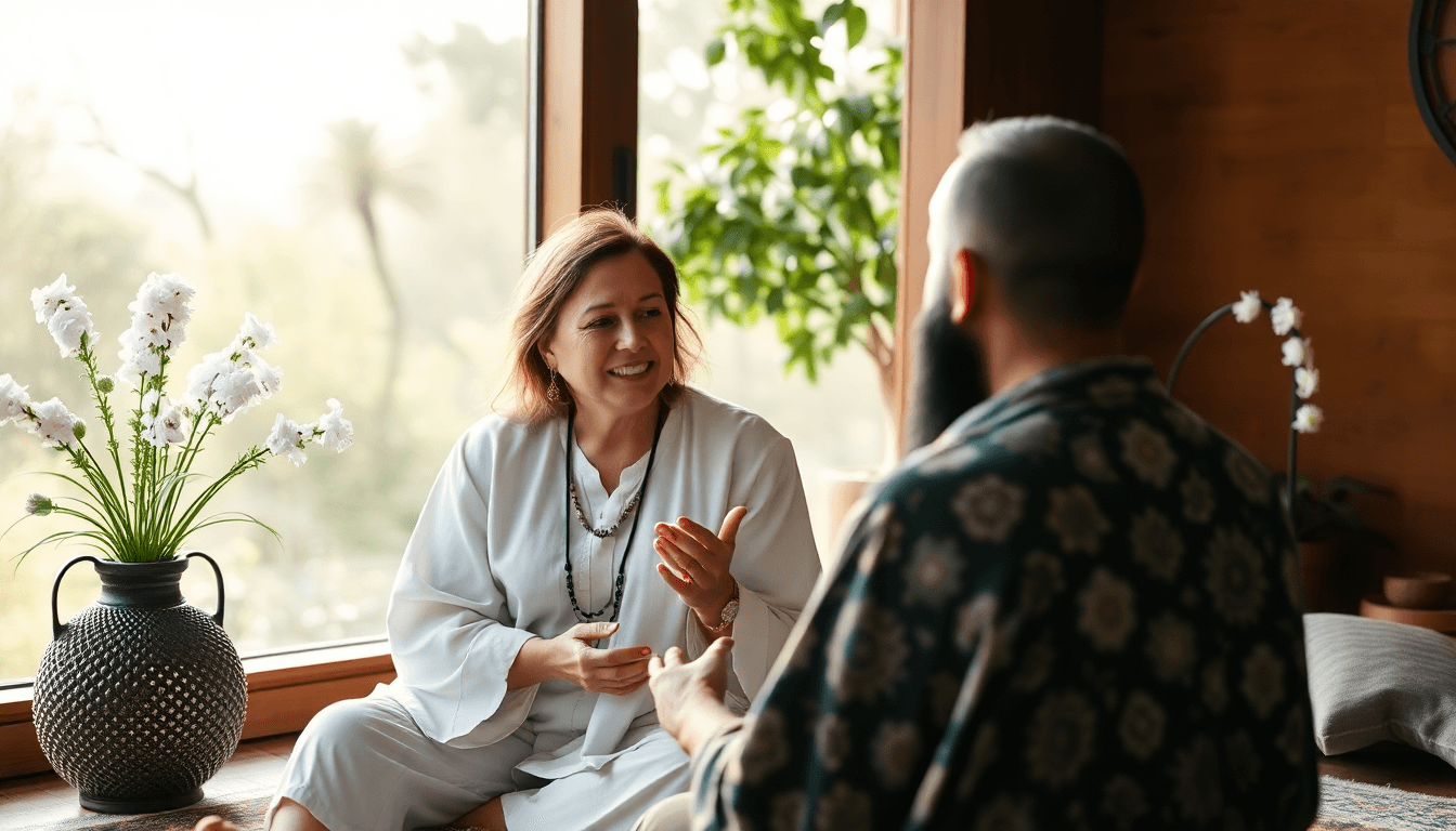 A spiritual consultant guiding a client in a serene setting