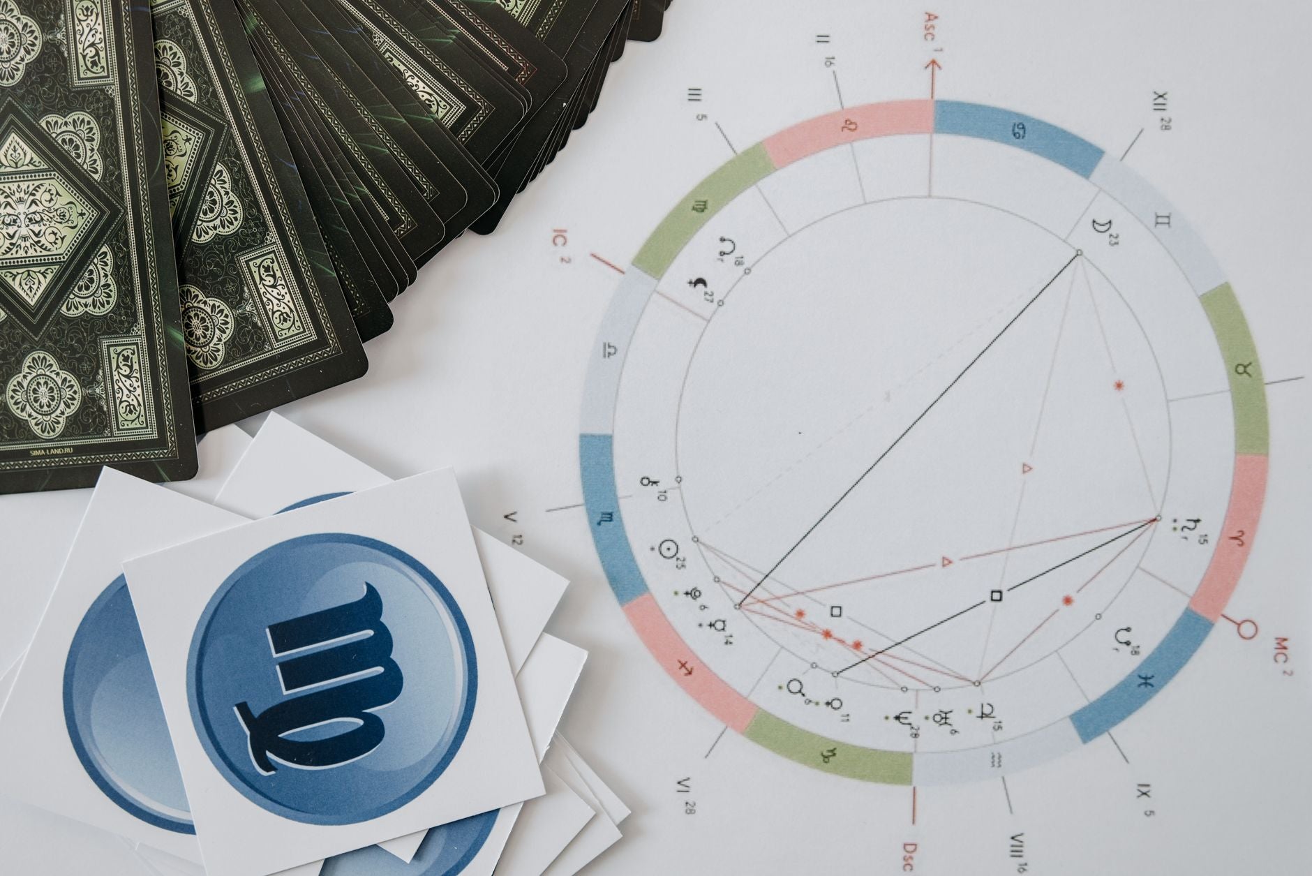 A wooden table with an open astrology chart, planetary symbols and tarot cards spread out as reference materials
