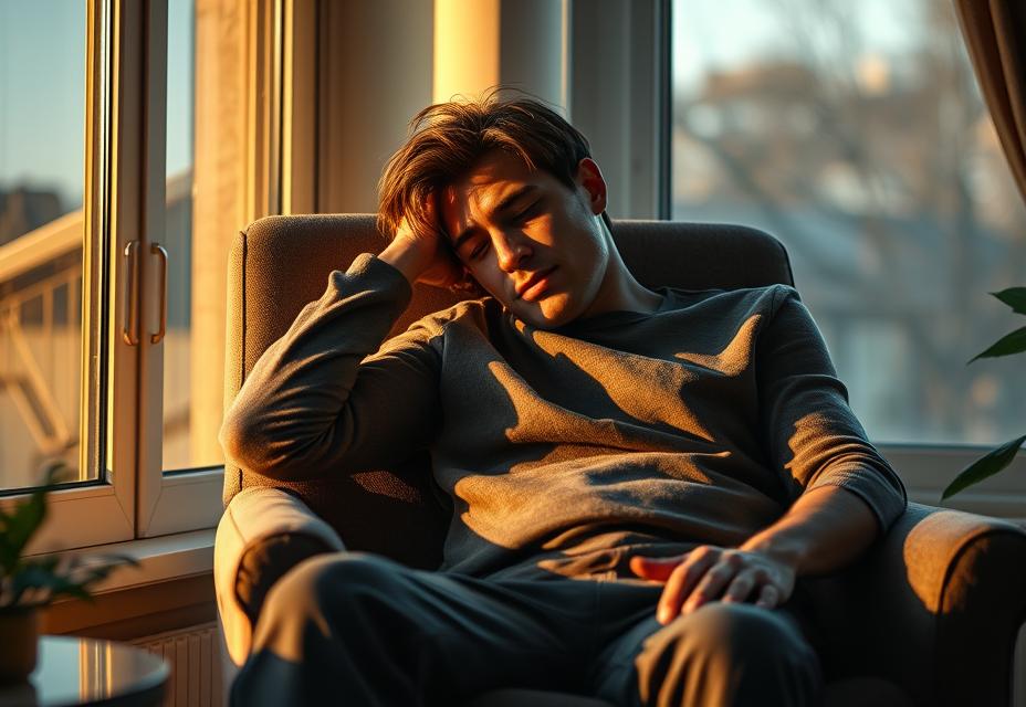 A person sits drained in an armchair in afternoon light, fatigue suggesting the exhausting daily effect of unresolved energetic interference